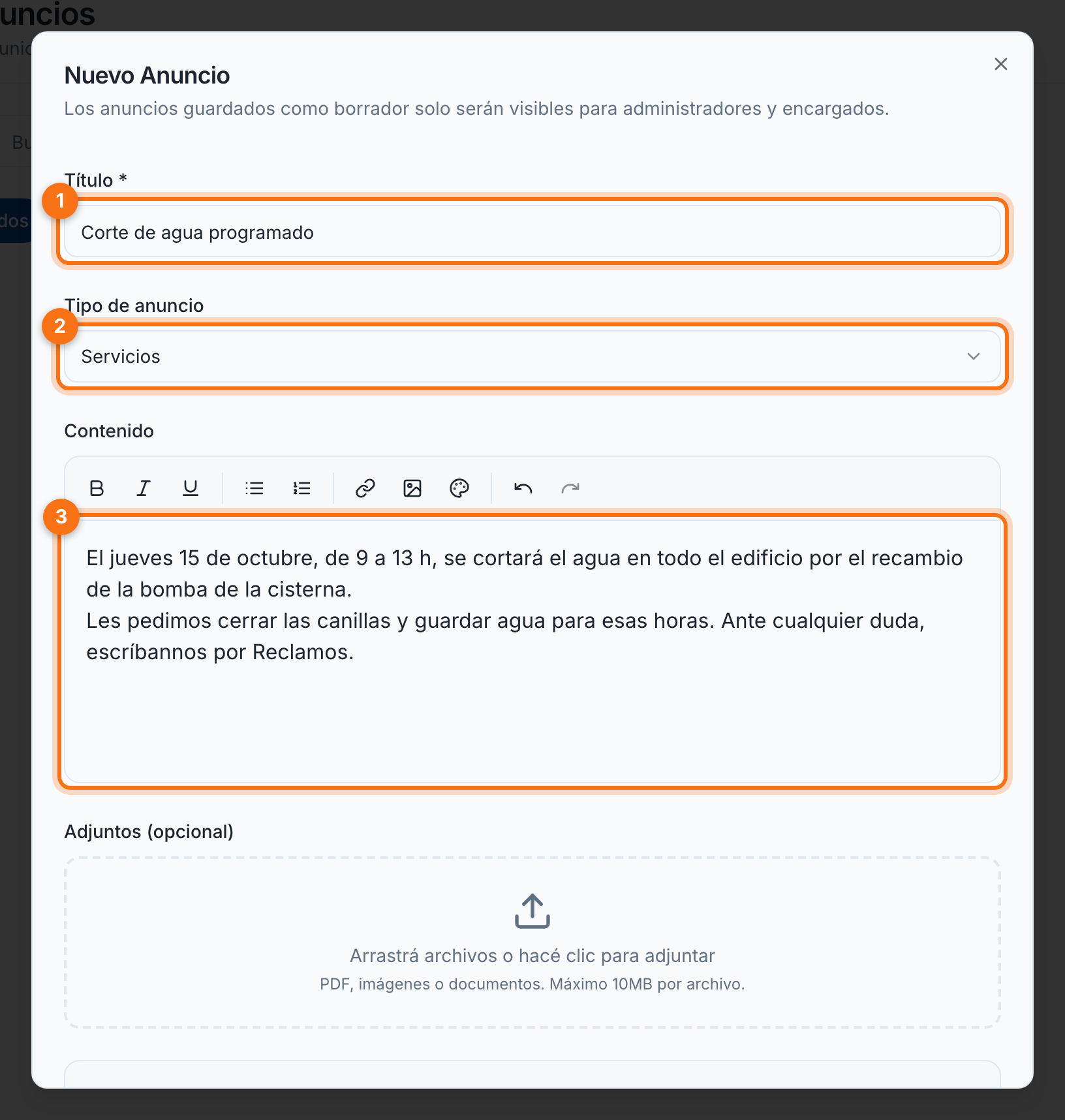 Título, tipo y contenido del anuncio