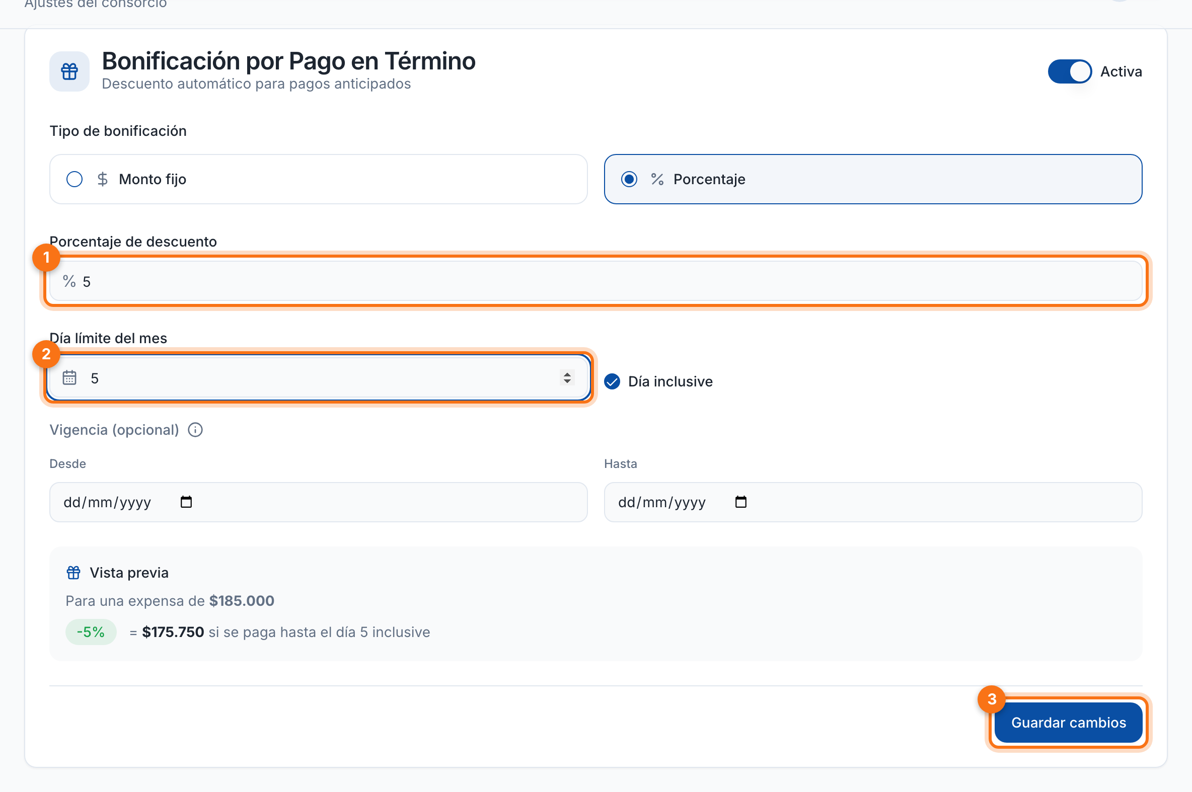 Bonificación por pago en término con vista previa