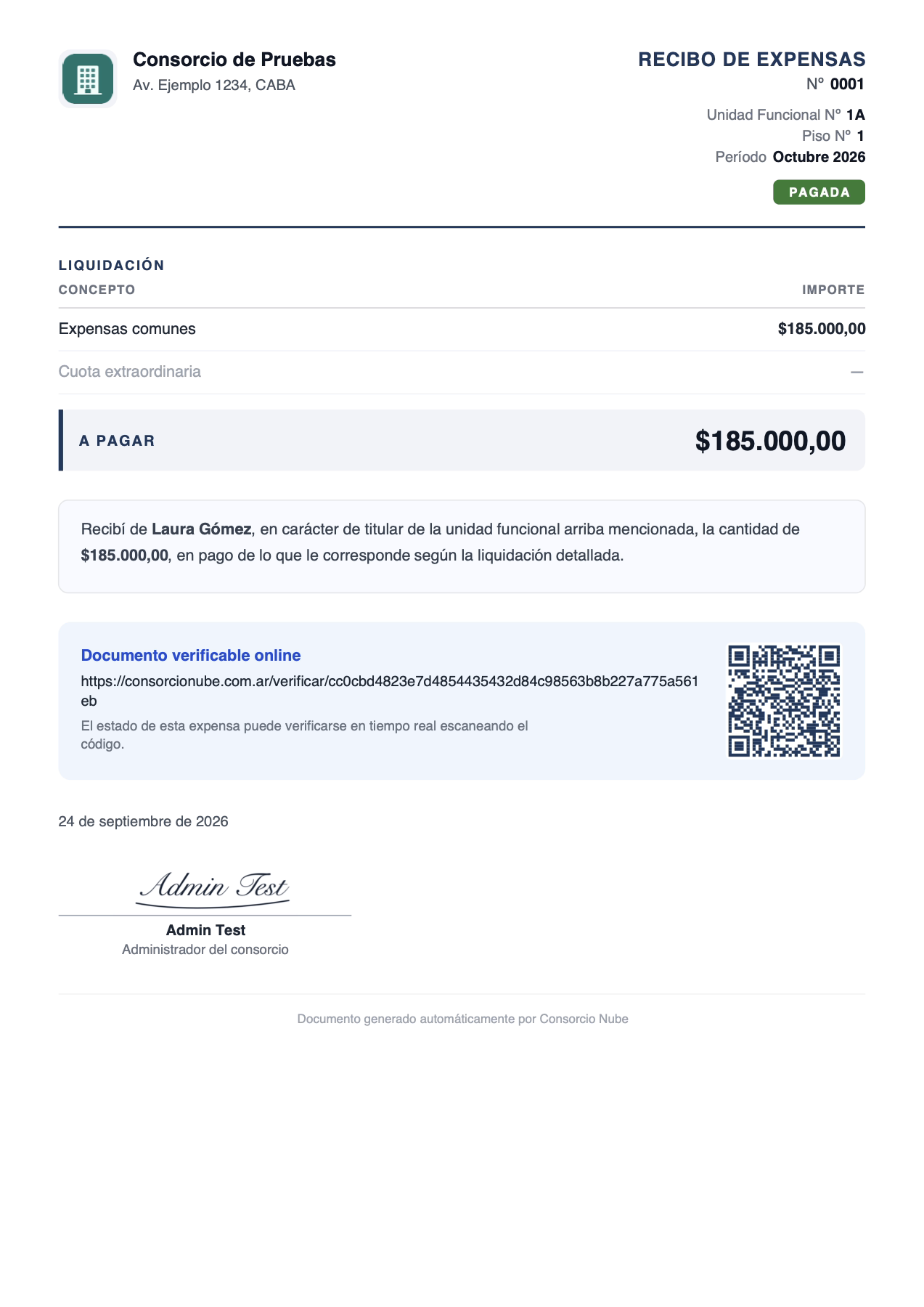 Recibo con logo, dirección y firma