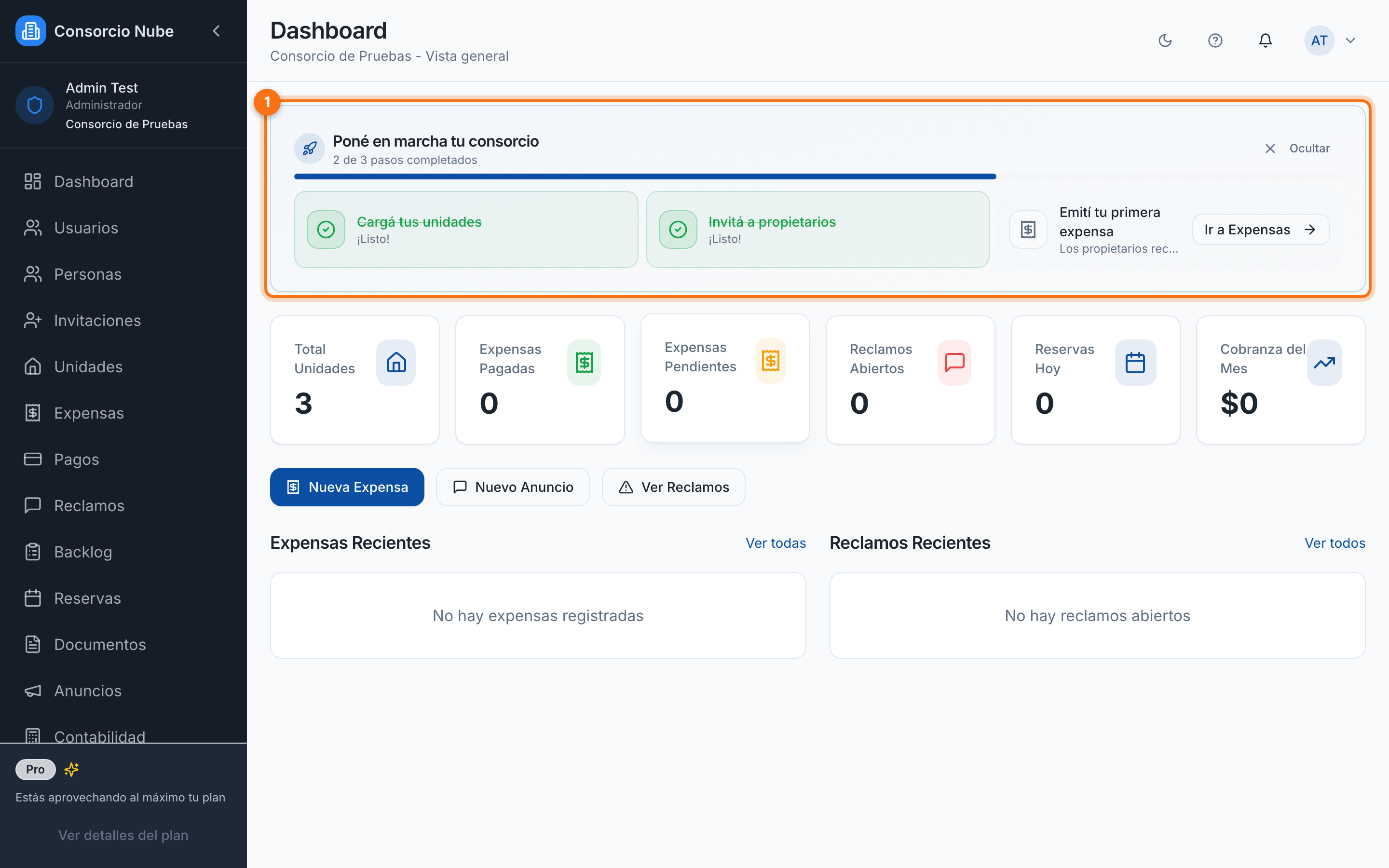 Dashboard con la guía de puesta en marcha