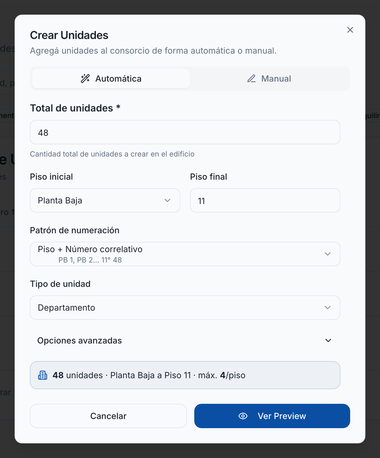 Creación automática de unidades