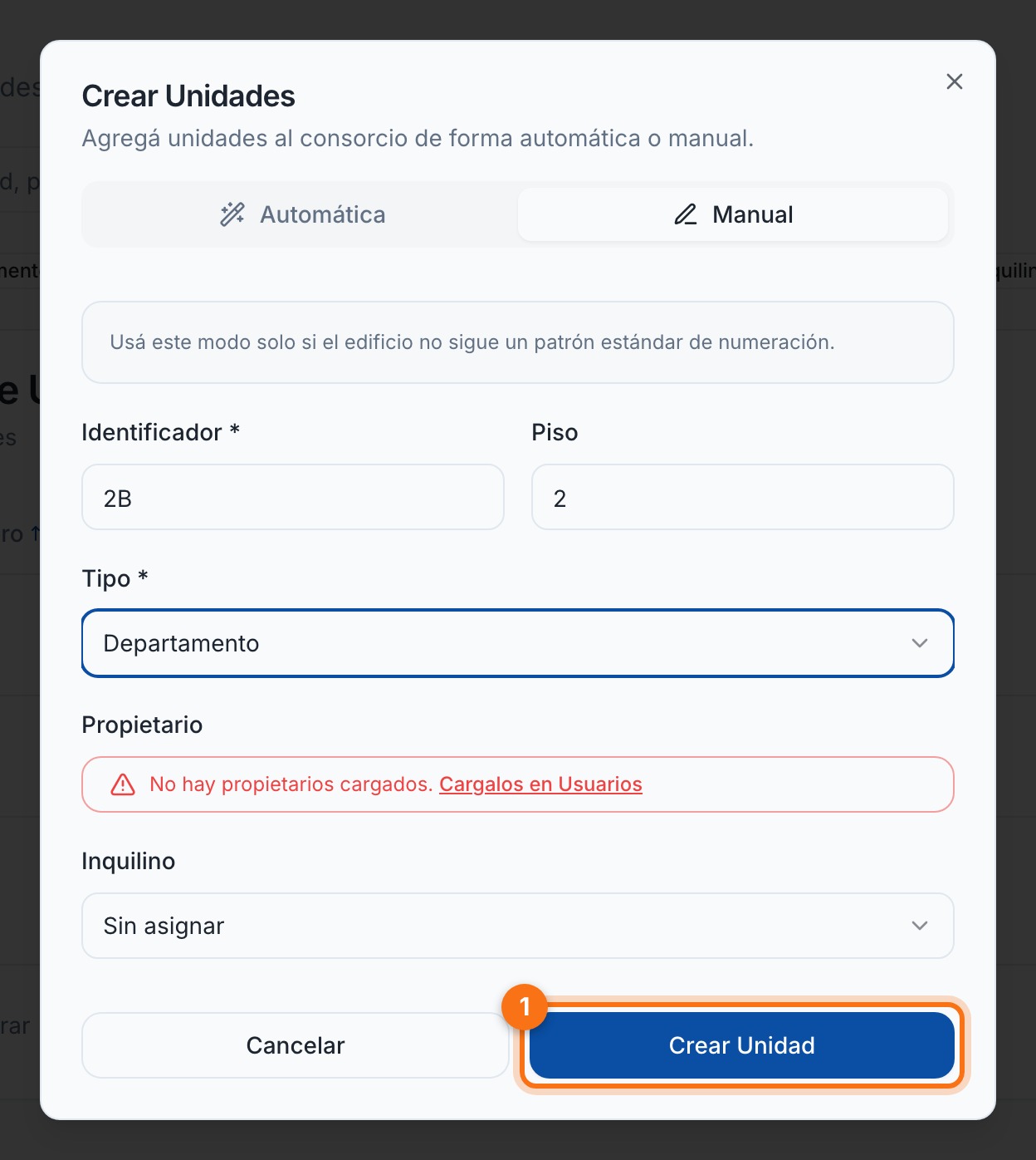 Creación manual de una unidad