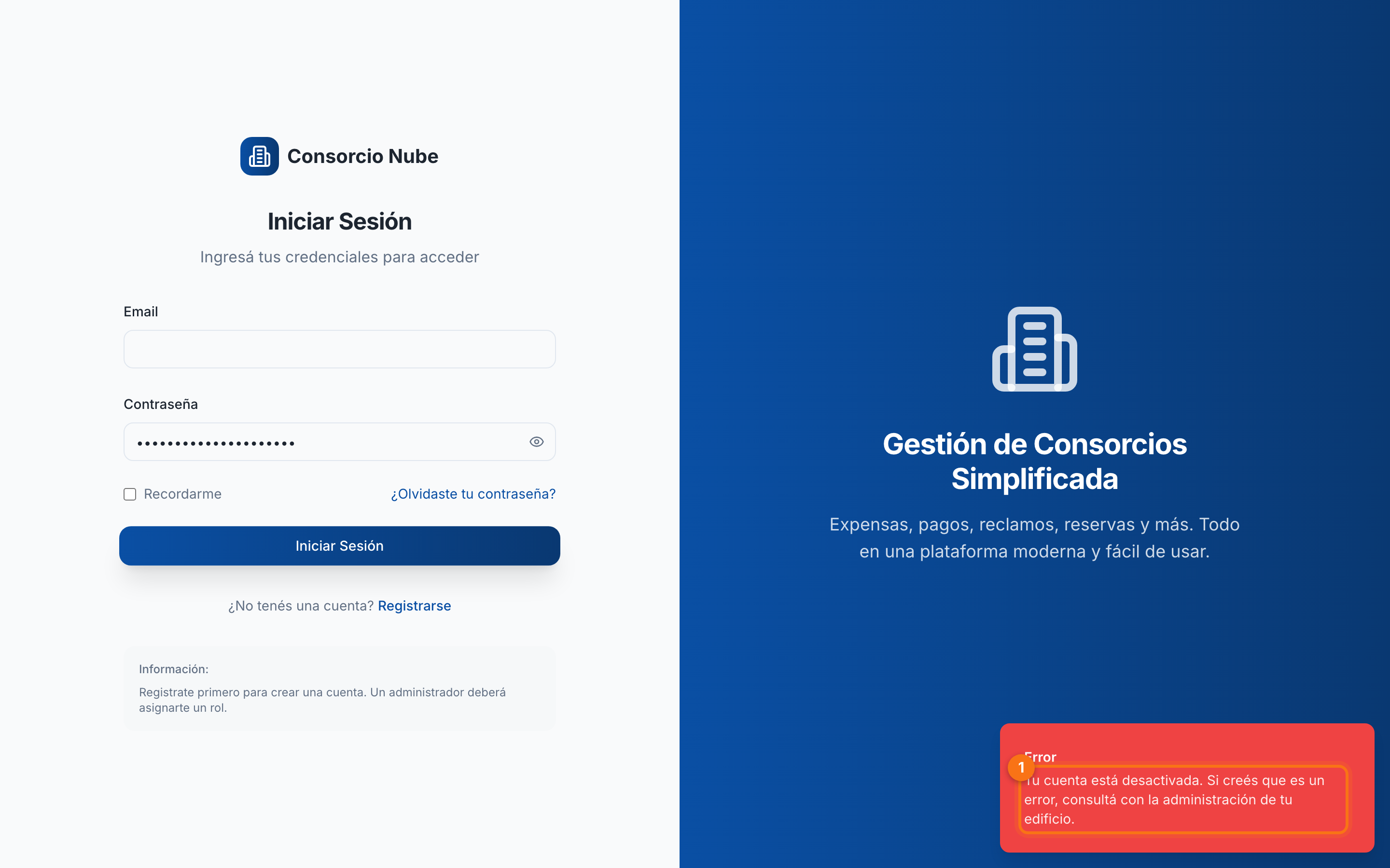 Aviso de cuenta desactivada al iniciar sesión