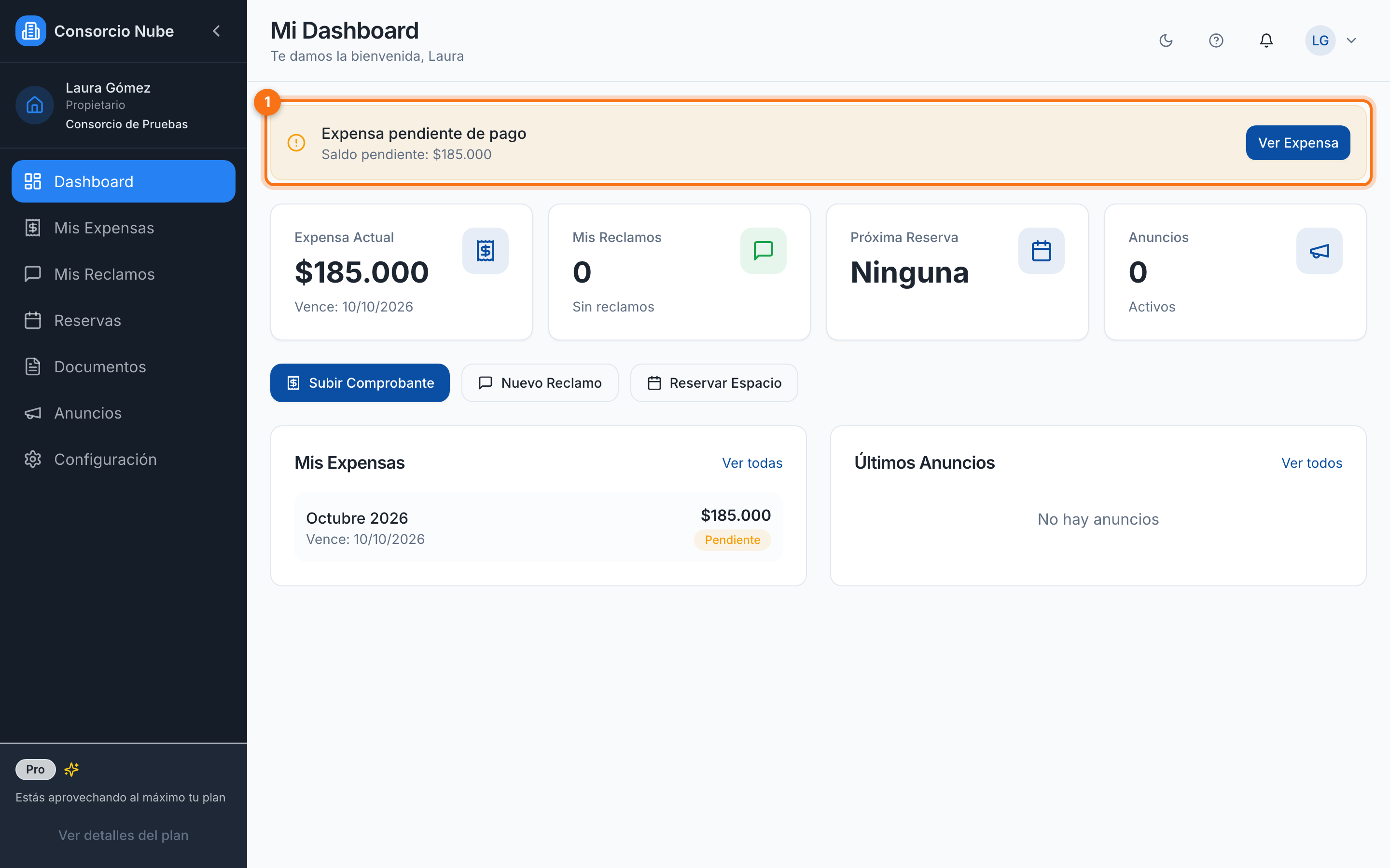 Dashboard del propietario con la expensa pendiente