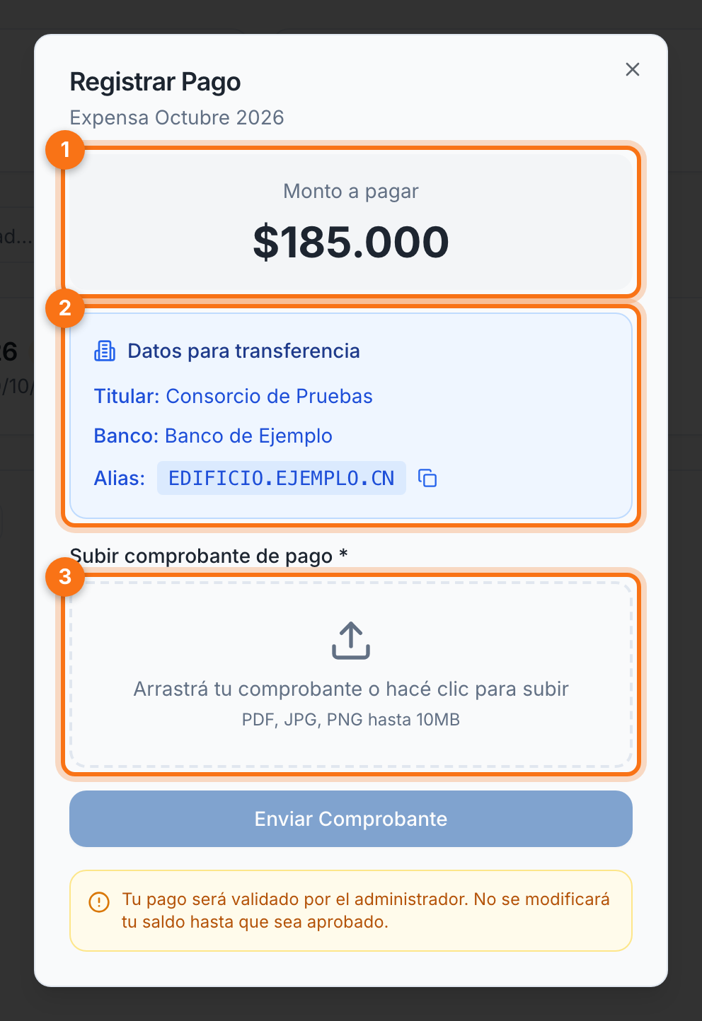 Diálogo de pago con los datos para transferir