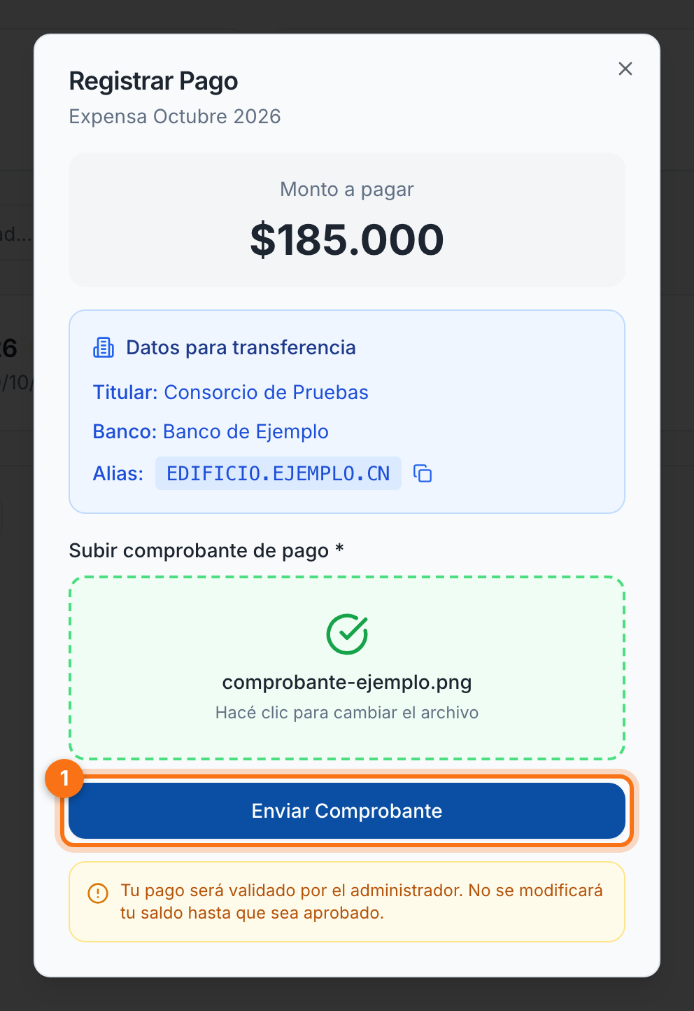 Comprobante cargado, listo para enviar