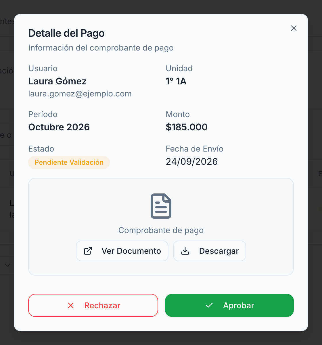 Detalle del pago con el comprobante
