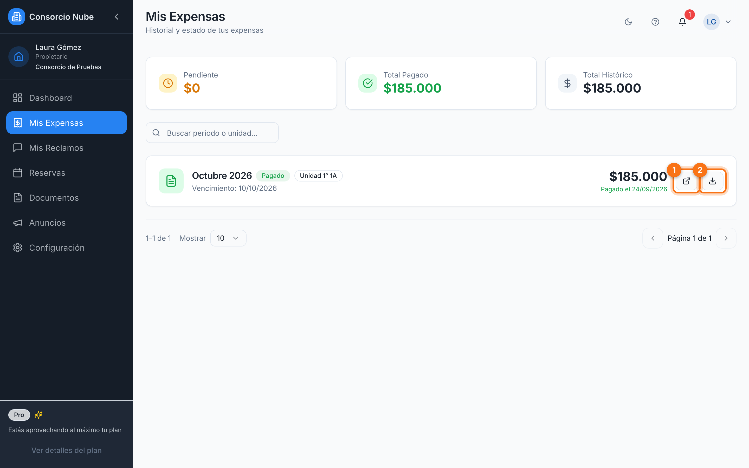 Expensa pagada con los botones de recibo