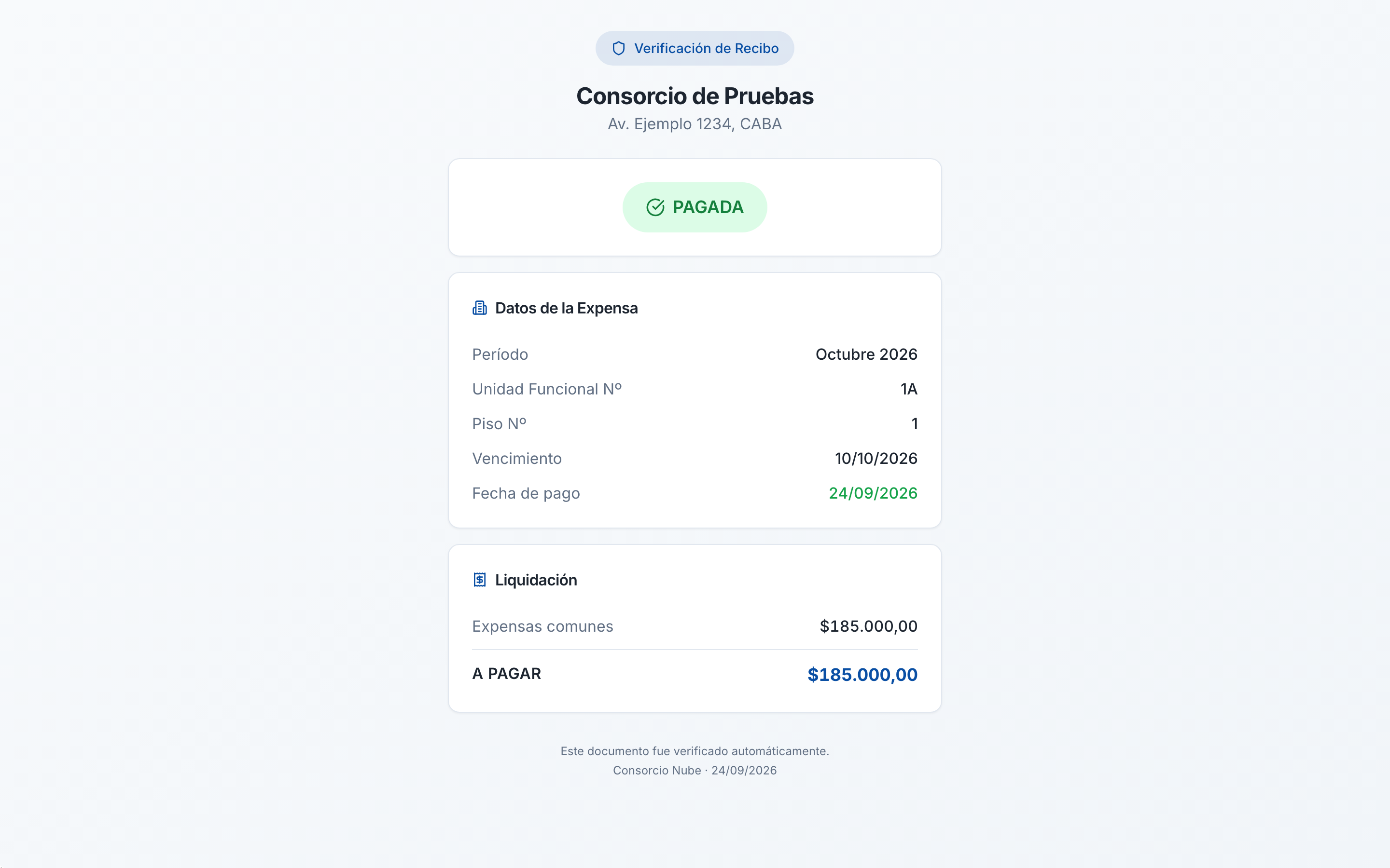 Página pública de verificación del recibo