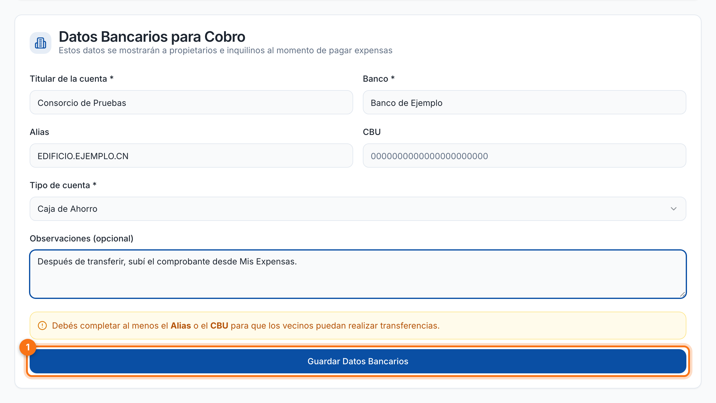 Datos bancarios para cobro