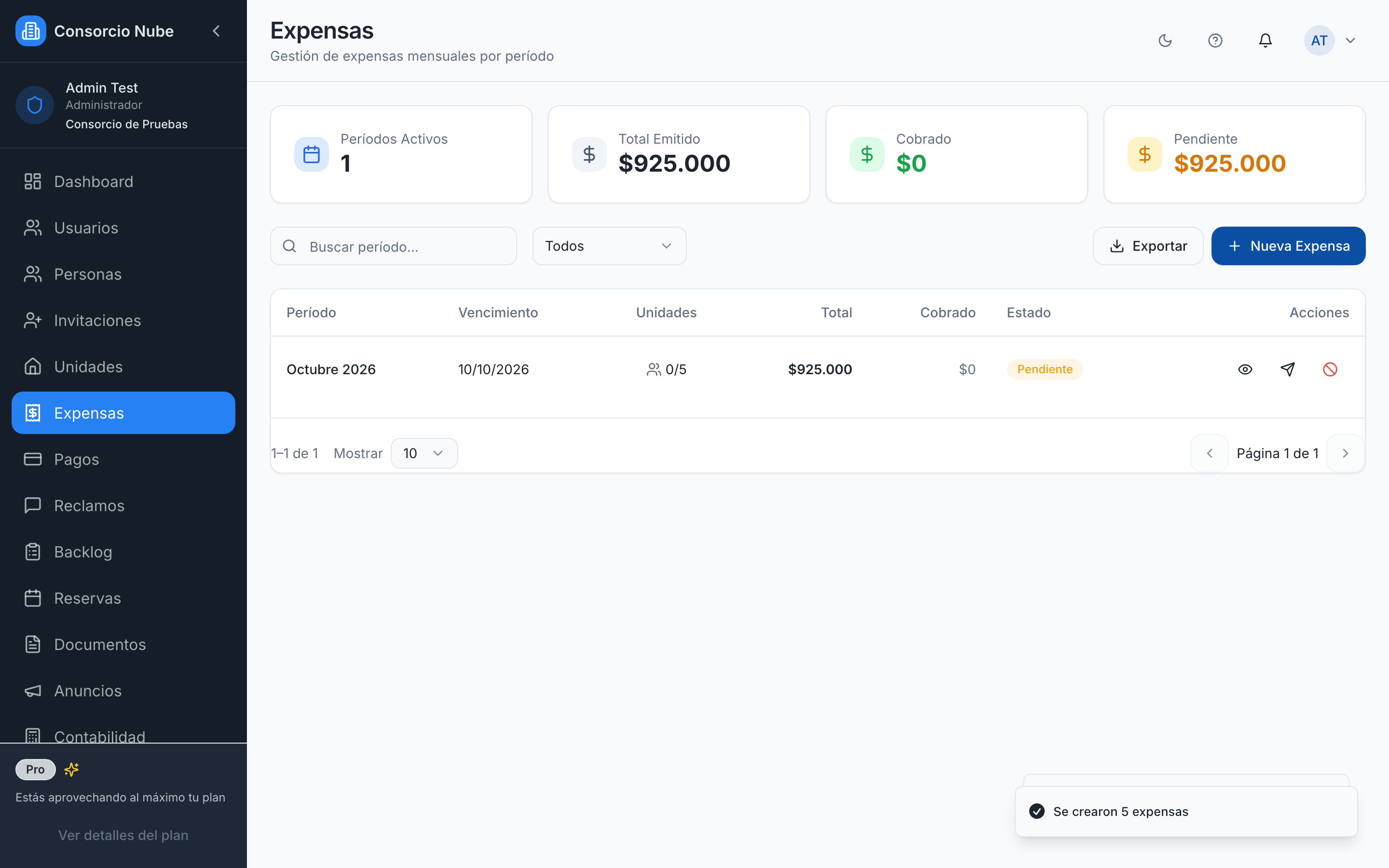 Expensa emitida en el listado