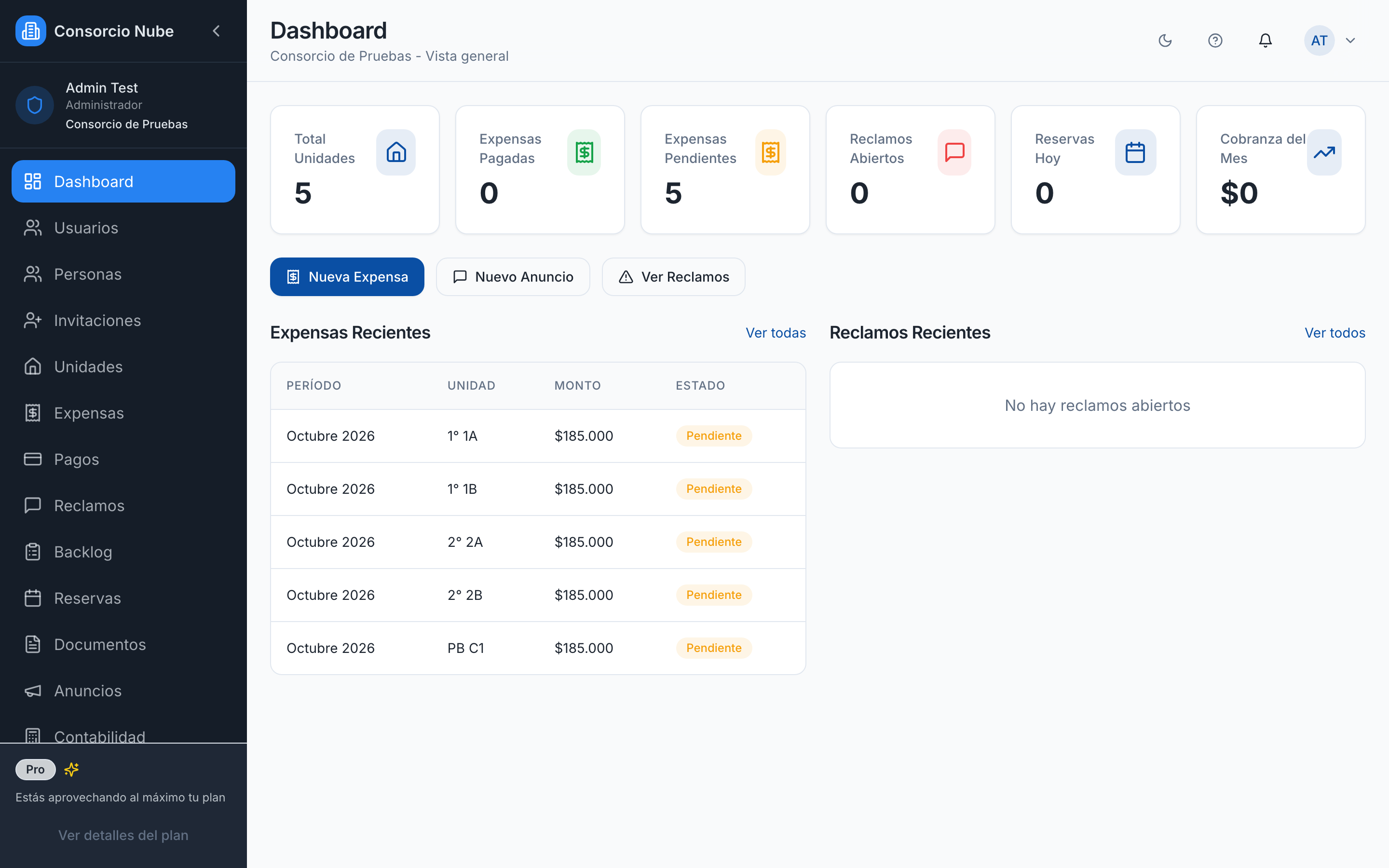 Dashboard con la expensa emitida