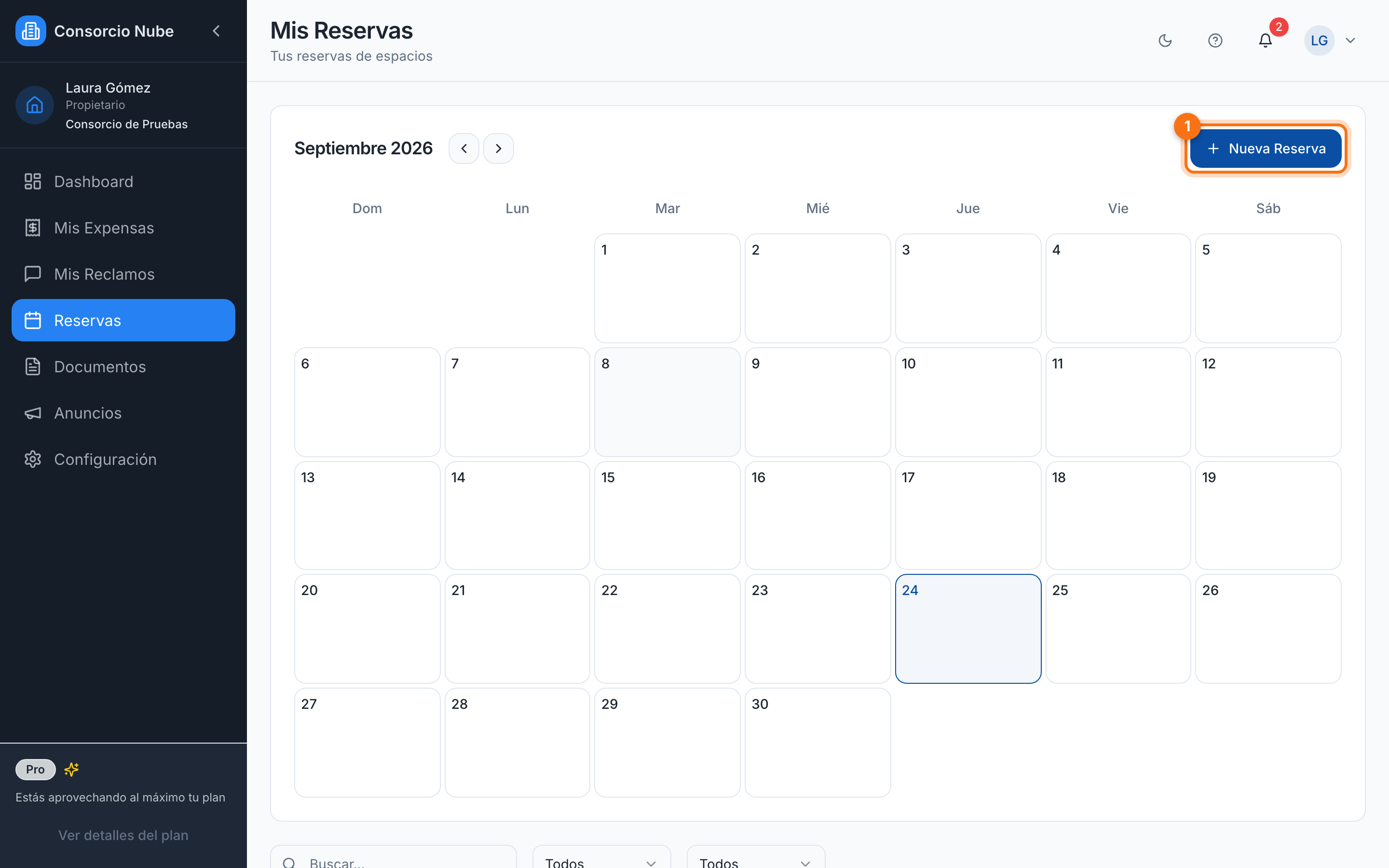 Calendario de reservas de la vecina