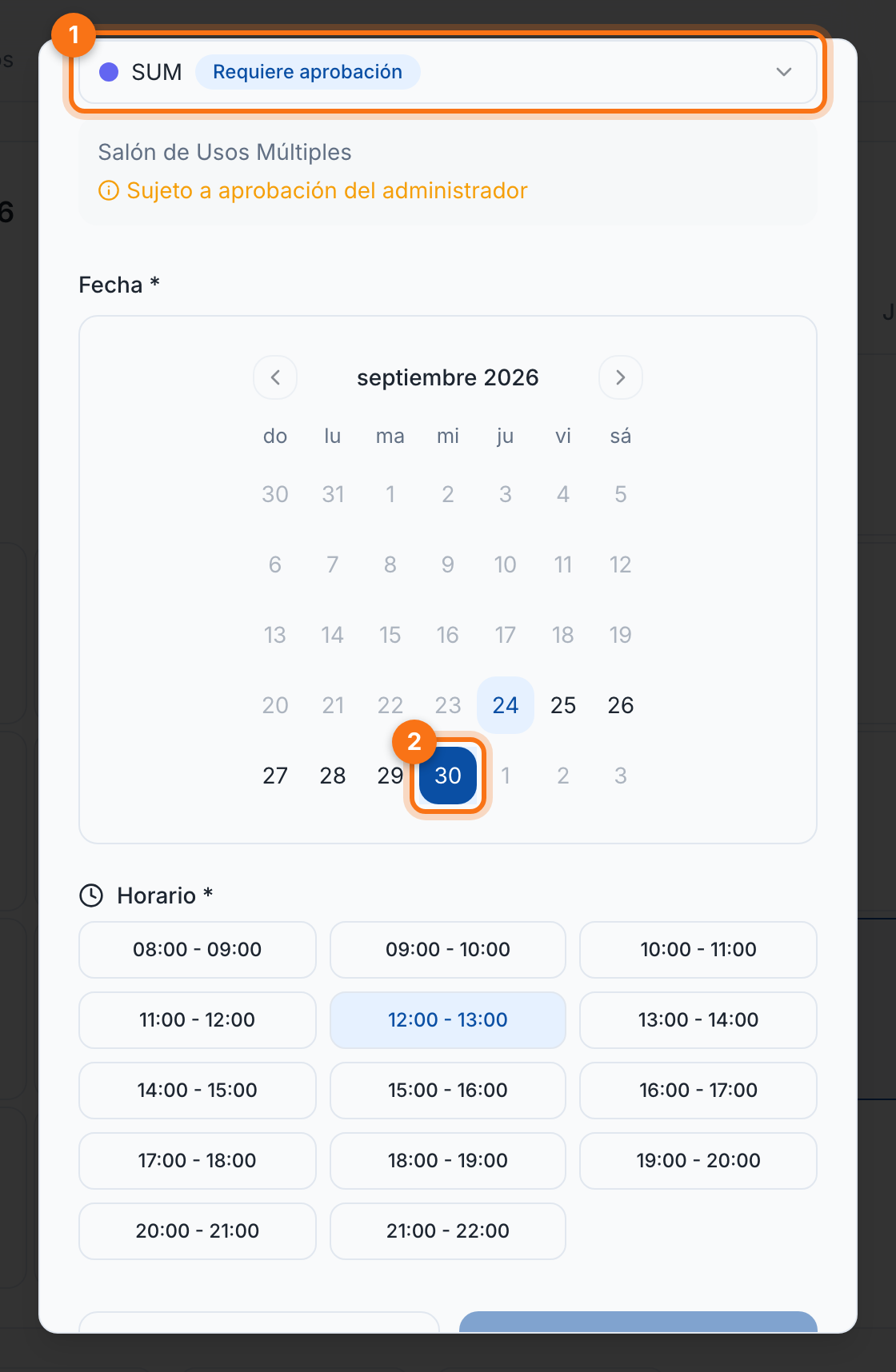 Elegir espacio y fecha