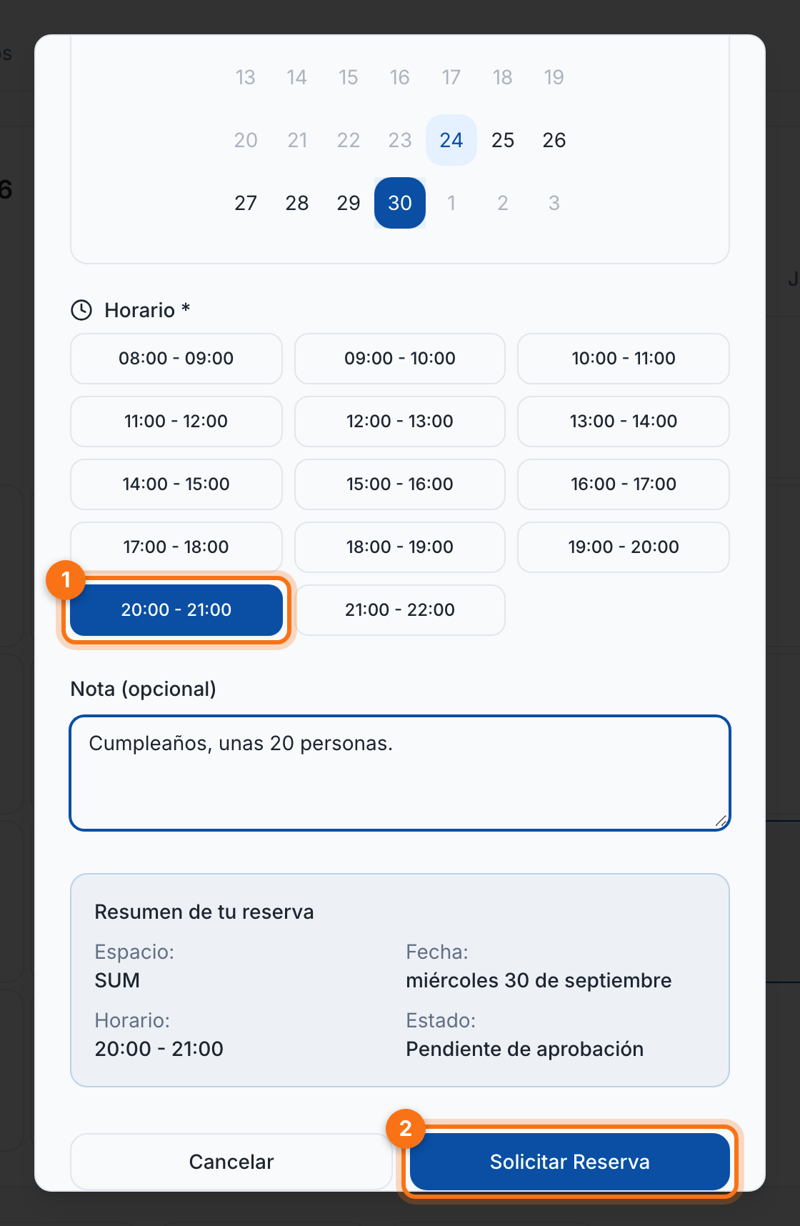 Elegir horario y solicitar