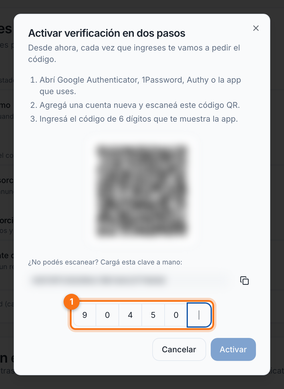 Ingreso del código de 6 dígitos