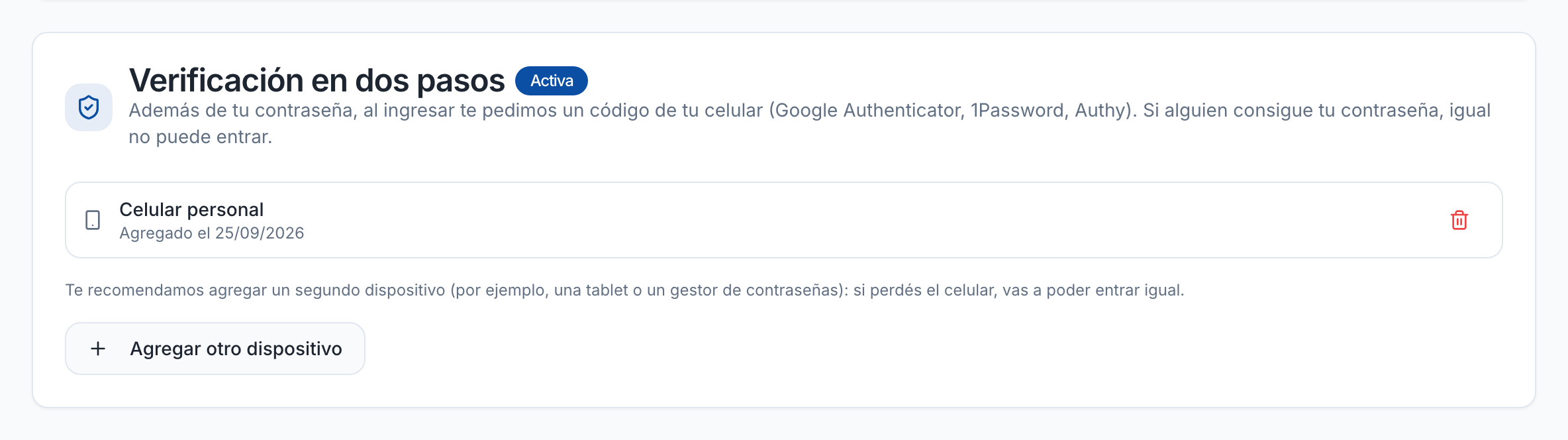 Verificación en dos pasos activa